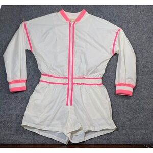 Hot & Delicious Womens Romper Jumpsuit L White Neon Pink Retro 80s Style Nylon